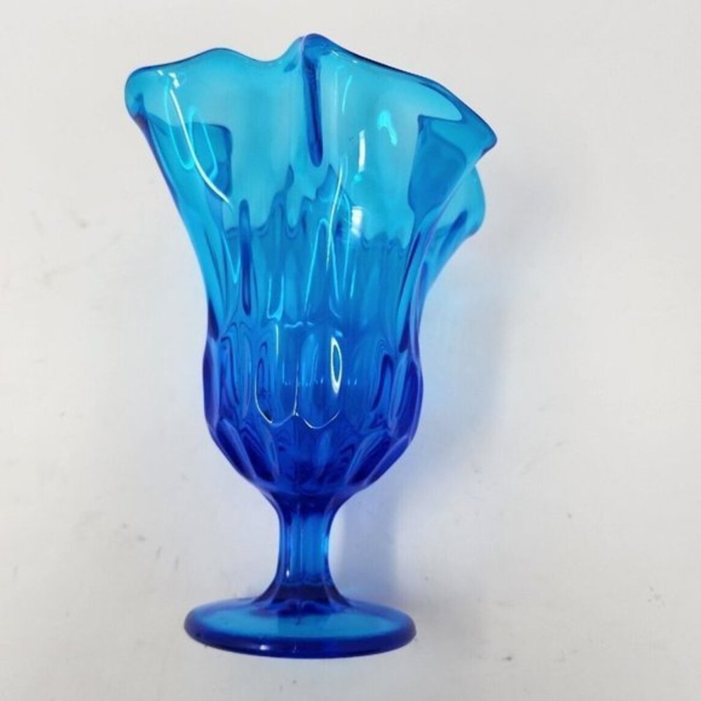 Vtg‎ Fenton Swung Stretch Handkerchief Pedestal Thumb Print Colonial Blue Vase - Picture 5 of 12